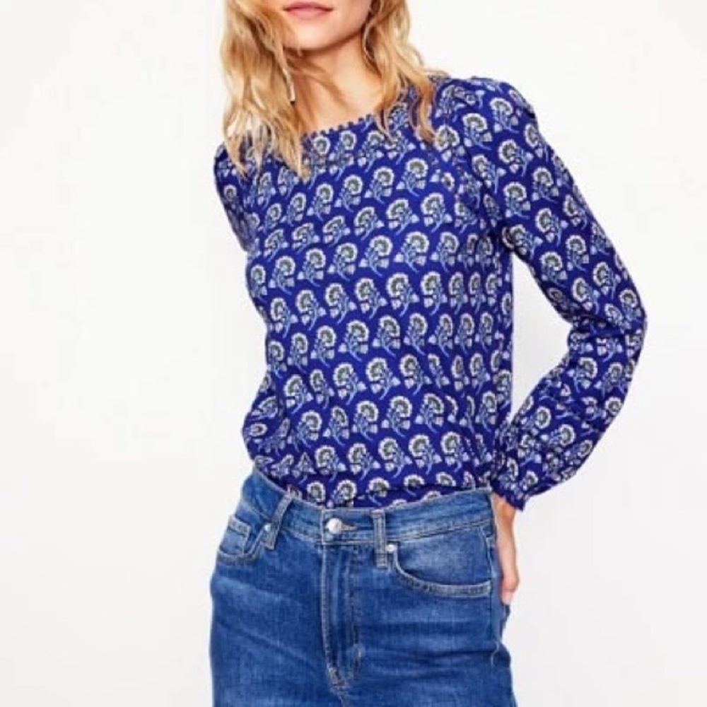 Boden Mila Top Royal Blue Paisley Long-Sleeve Blouse